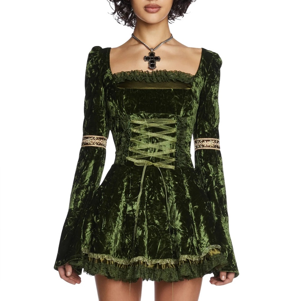 Dolls Kill Olive Green Velvet Lace-Up Long Sleeve Dress